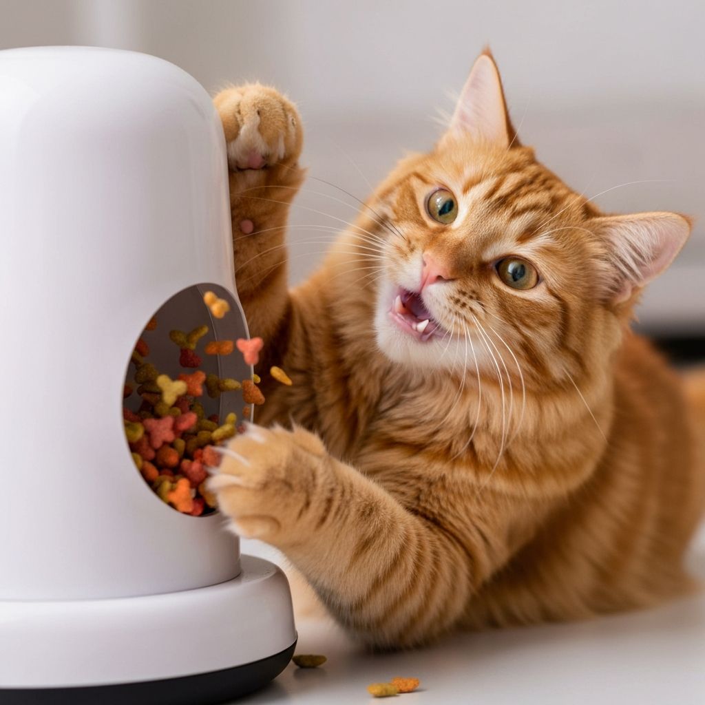 Gato feliz jugando con juguete dispensador interactivo