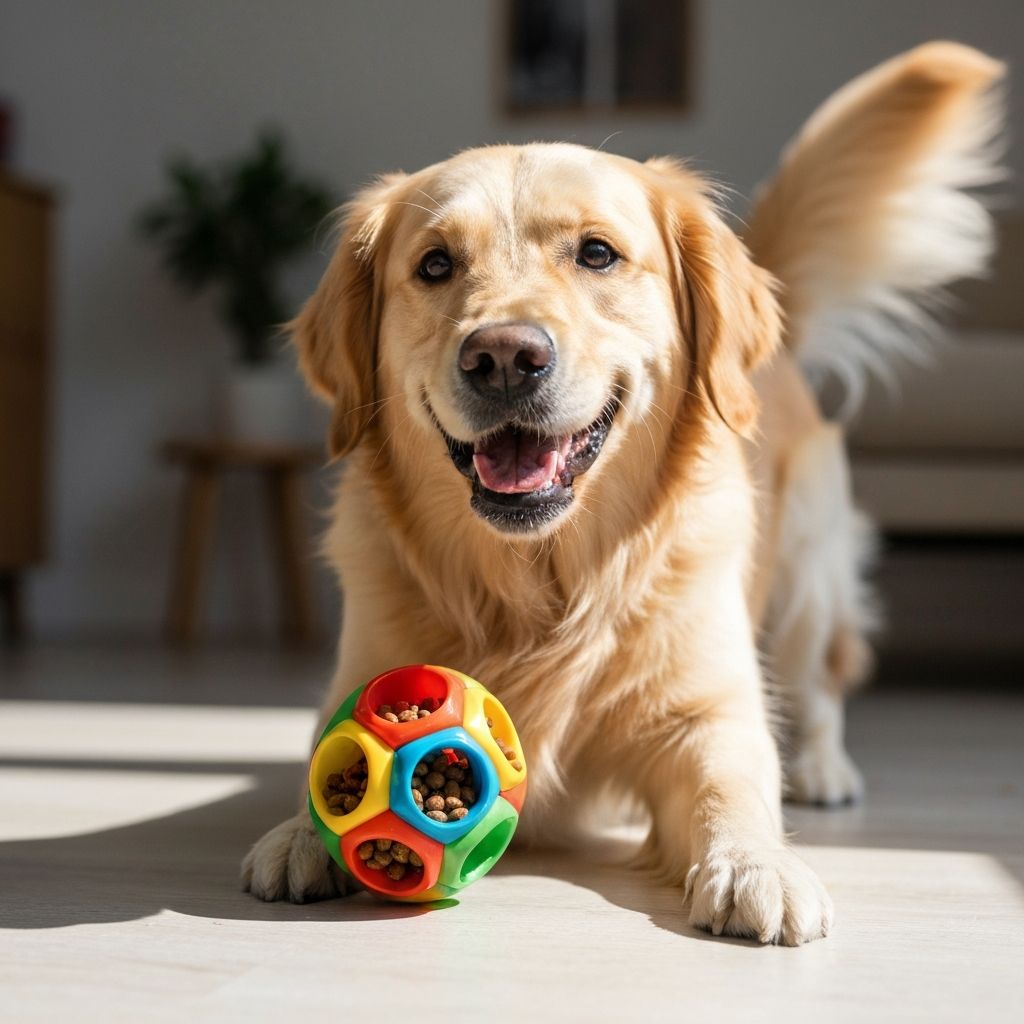 Perro jugando con juguete dispensador de comida interactivo